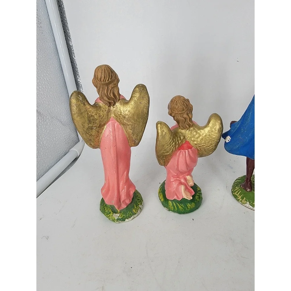 VTG Nativity Figures Stamped Made In ITALY Paper Mache Creche Chalk Set 5 50-60s
